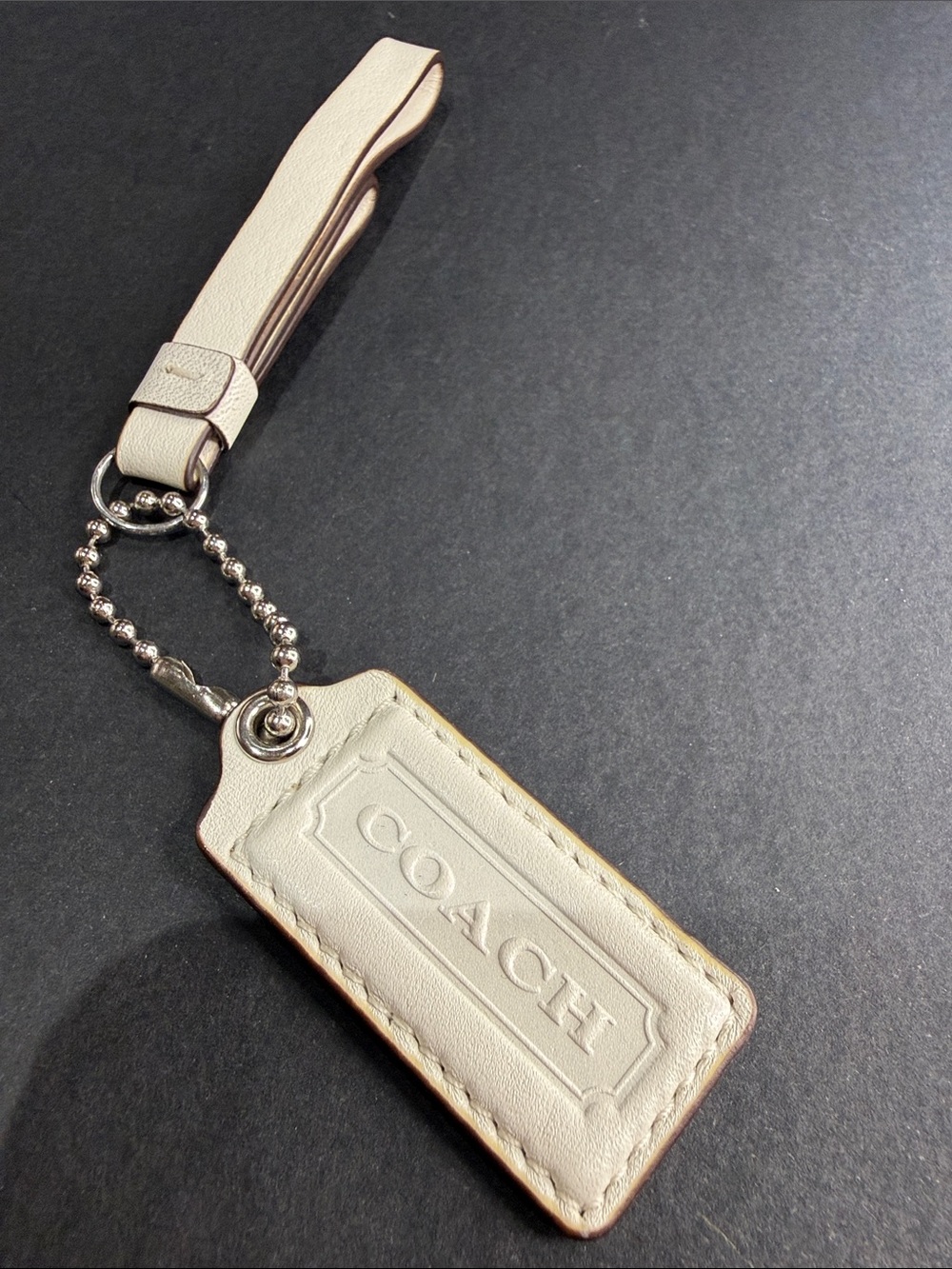 COACH Cream Leather Key Tag with Strap and Ball Chain